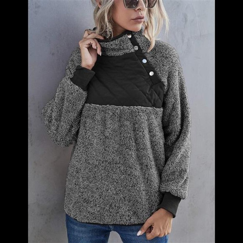 Women Fleece Pullover Sweatshirt Oblique Button Neck Long Sleeve Casual Coat